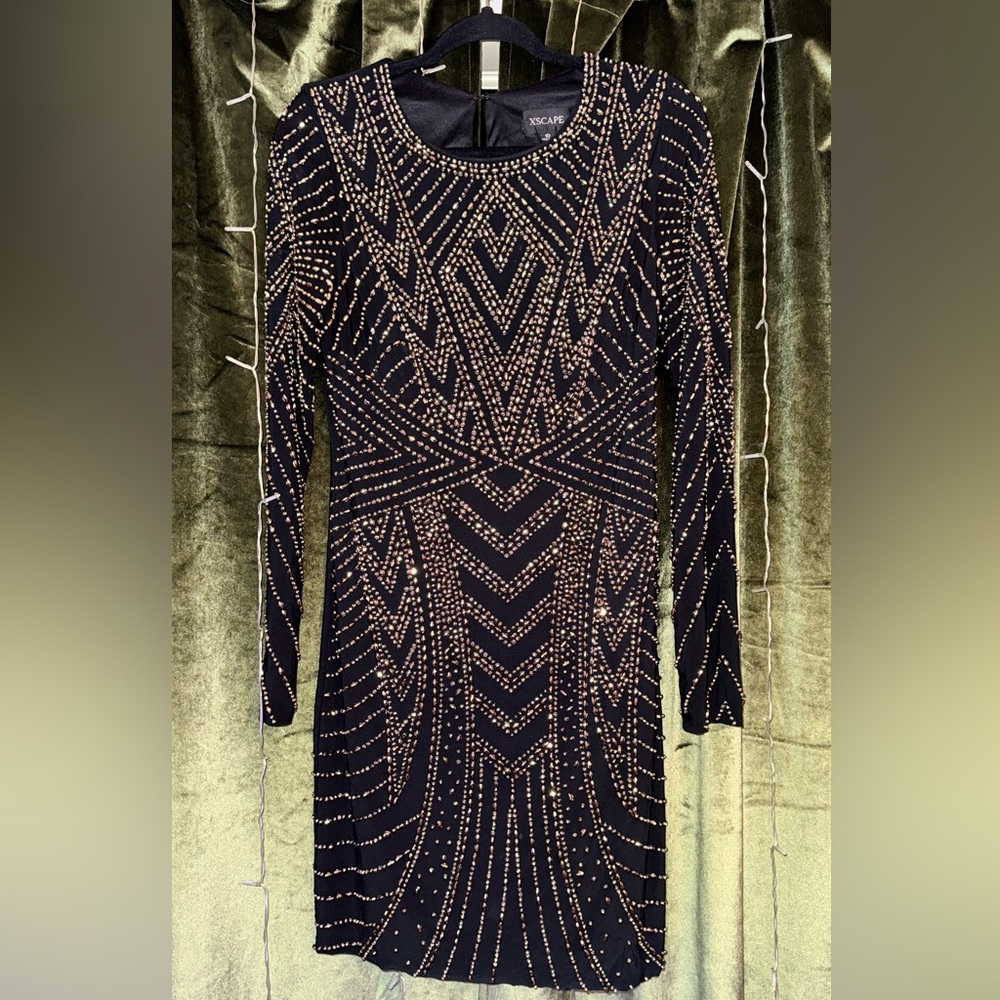 Xscape Black Long Sleeve Beaded Cocktail Dress with Gold Accents